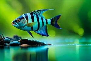 a fish with black and white stripes is swimming in the water. AI-Generated photo