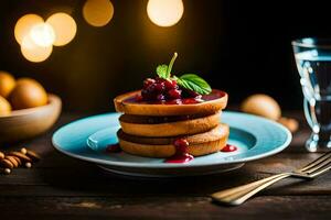 pancakes with cranberry sauce on a plate. AI-Generated photo