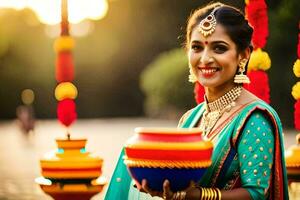 a woman in traditional indian attire holding a pot. AI-Generated photo