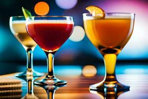 three different types of alcoholic drinks are shown on a bar. AI-Generated photo