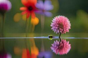 un flor es reflejado en el agua. generado por ai foto