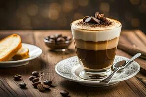 un café bebida con un rebanada de un pan en un de madera mesa. generado por ai foto