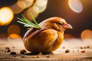 a chicken with a rosemary sprig on its head. AI-Generated photo