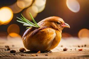 un pollo con un Romero puntilla en sus cabeza. generado por ai foto