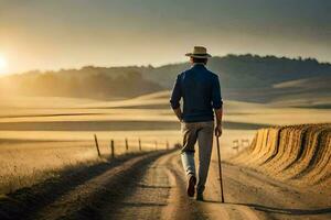 un hombre caminando en un suciedad la carretera con un caña. generado por ai foto