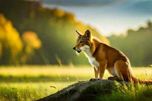 fox sitting on a rock in the middle of a field. AI-Generated photo