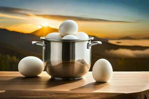 eggs in a pot on a table with mountains in the background. AI-Generated photo