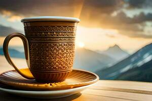 coffee cup on the table with mountains in the background. AI-Generated photo