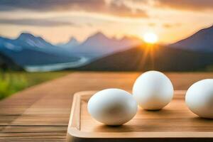 eggs on a tray with mountains in the background. AI-Generated photo
