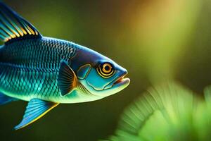 a blue fish with yellow eyes and black fins. AI-Generated photo
