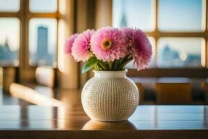 pink flowers in a vase on a table in front of a window. AI-Generated photo