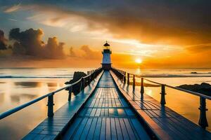a lighthouse stands on a pier at sunset. AI-Generated photo