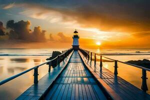 un faro soportes en un muelle a puesta de sol. generado por ai foto