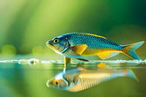 a fish is standing on the water with its reflection. AI-Generated photo