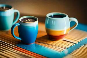 two coffee cups with a wooden tray on top. AI-Generated photo