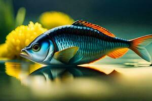 pescado en el agua, amarillo flor, agua, pez, naturaleza, hd fondo de pantalla. generado por ai foto