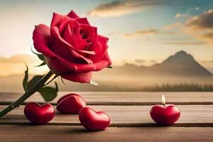 a red rose and two hearts on a wooden table. AI-Generated photo