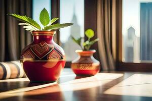 dos rojo floreros con plantas sentado en un mesa. generado por ai foto