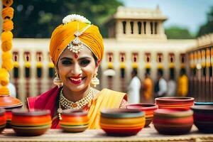 a woman in a turban smiles while holding a bowl. AI-Generated photo