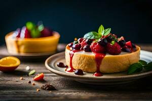 a cheesecake with berries and mint leaves on a plate. AI-Generated photo