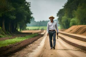 a man in a hat walks down a dirt road. AI-Generated photo