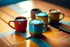 three coffee cups with latte art on them. AI-Generated photo