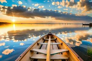 a canoe is sitting on the water at sunset. AI-Generated photo