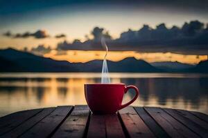 a red cup of coffee on a wooden table with a lake in the background. AI-Generated photo
