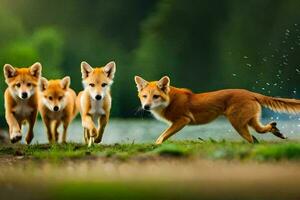 un grupo de zorros corriendo en el césped. generado por ai foto