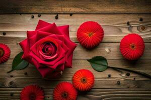 red roses on a wooden table with red flowers. AI-Generated photo