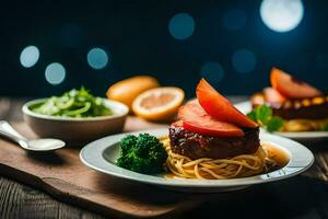 two plates with meat and vegetables on them. AI-Generated photo