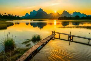 the sun rises over the mountains in the background. AI-Generated photo