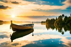 un barco es flotante en un calma lago a puesta de sol. generado por ai foto