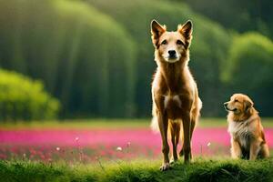 dos perros en pie en un campo con rosado flores generado por ai foto