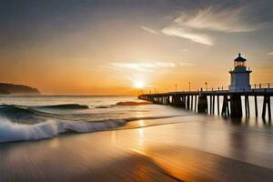 a lighthouse stands on the beach at sunset. AI-Generated photo