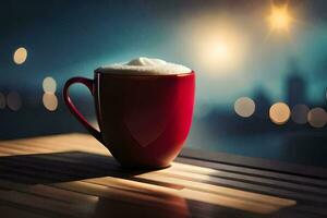 a red cup of cappuccino on a wooden table with a cityscape in the background. AI-Generated photo