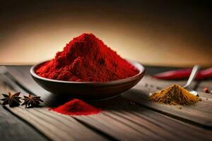 red powder in a bowl on a wooden table. AI-Generated photo
