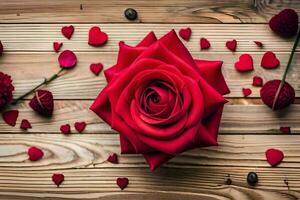 un rojo Rosa en un de madera mesa rodeado por rojo corazones. generado por ai foto