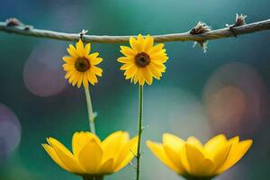 two yellow flowers are on a branch. AI-Generated photo