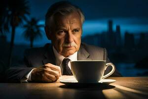un más viejo hombre en un traje y Corbata se sienta a un mesa con un taza de café. generado por ai foto