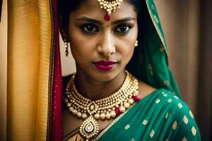 a beautiful indian woman wearing a green sari and gold jewelry. AI-Generated photo