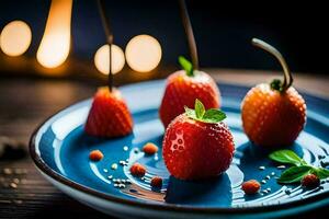 strawberries on a plate with candles. AI-Generated photo