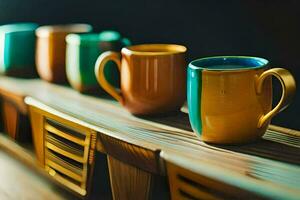 a row of colorful coffee cups on a wooden shelf. AI-Generated photo