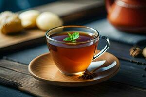 a cup of tea with mint leaves on a wooden table. AI-Generated photo