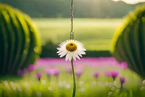 a single daisy hanging from a chain in a field. AI-Generated photo