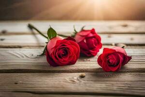 two red roses on a wooden table. AI-Generated photo