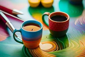 two colorful coffee cups sit on a colorful table. AI-Generated photo