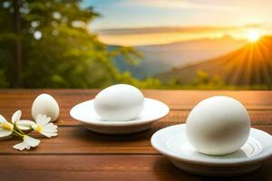 eggs on a table with flowers and mountains in the background. AI-Generated photo