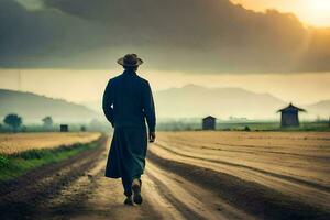 un hombre en un sombrero camina abajo un suciedad la carretera. generado por ai foto