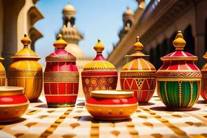 a group of colorful pots sitting on a table. AI-Generated photo